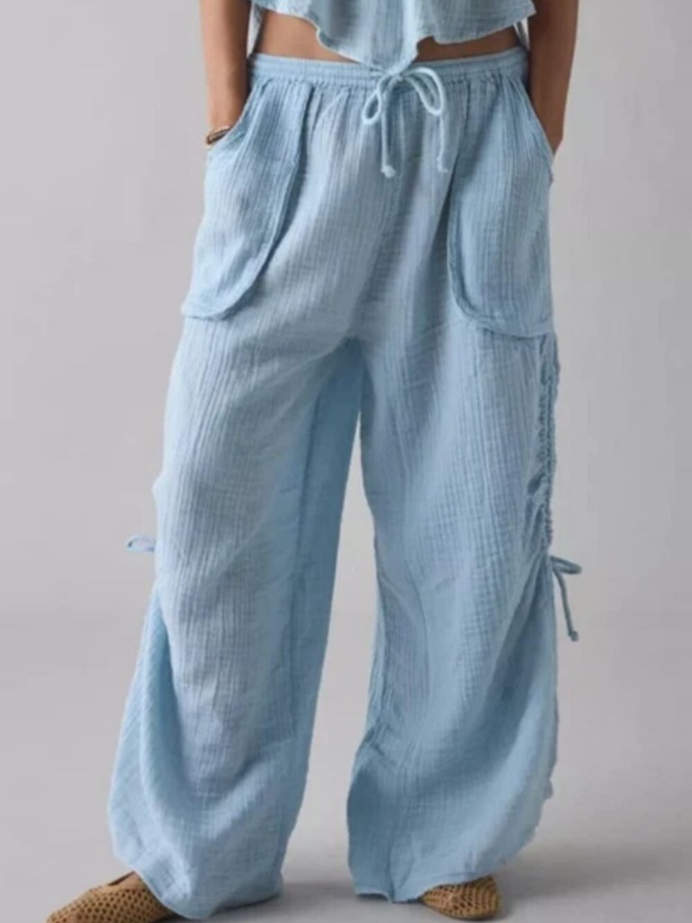 Out From Under Ocean Air Cinched Wide-Leg Gauze Pants Blue XS
